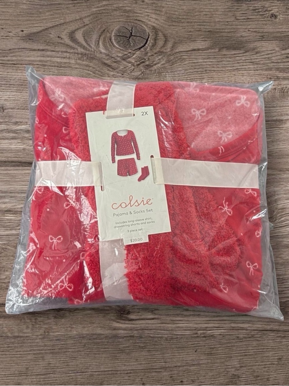 NWT Colsie Red Bow 3pc Pajama Set 2X Long Sleeve Shorts Socks